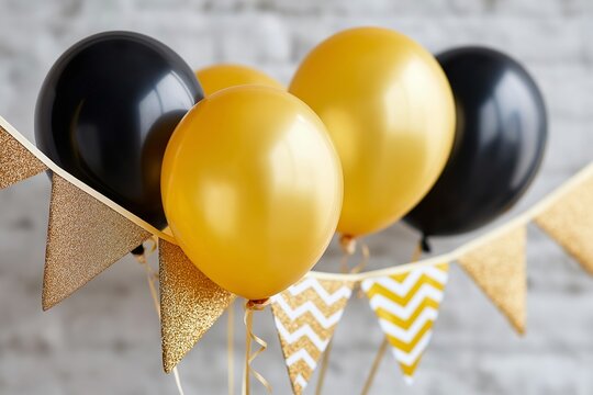 Shimmering black and gold balloon arrangement with festive banner, perfect for upscale holiday celebrations and special occasions