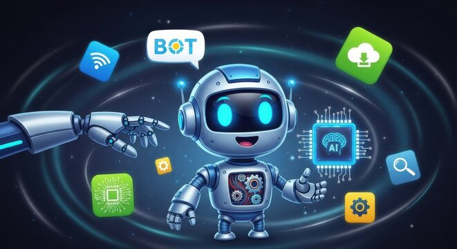 Friendly robot with digital icons and glowing circuit board