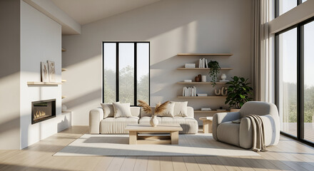 modern living and dining room interior with contemporary furniture and soft lighting