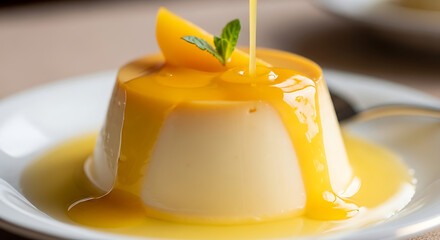 Milk pudding with yellow fruit sauce