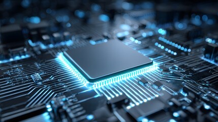 Glowing digital circuitry detail illuminates a central processing component on a dark background