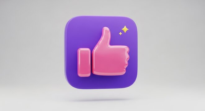 Vibrant pink thumbs up icon on purple background with sparkles