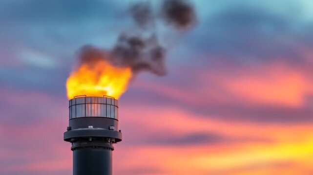 Industrial flare stack burning flame dark smoke against vibrant sunset sky