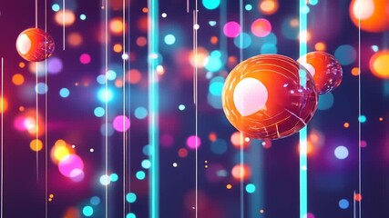 Enchanting sphere dance: an abstract interplay of light orbs and vertical cyan stripes, glowing against a backdrop - Powered by Adobe
