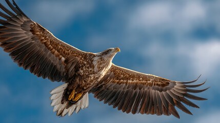 Large raptor bird soars majestically across a bright blue, partly cloudy sky