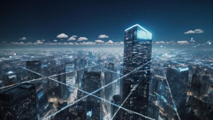 Illuminated skyscraper, networked, at night; city sprawls beneath, connected by lines
