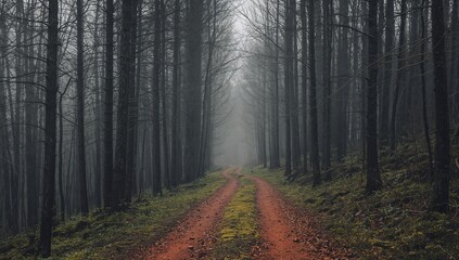 Misty forest path through tall dark trees