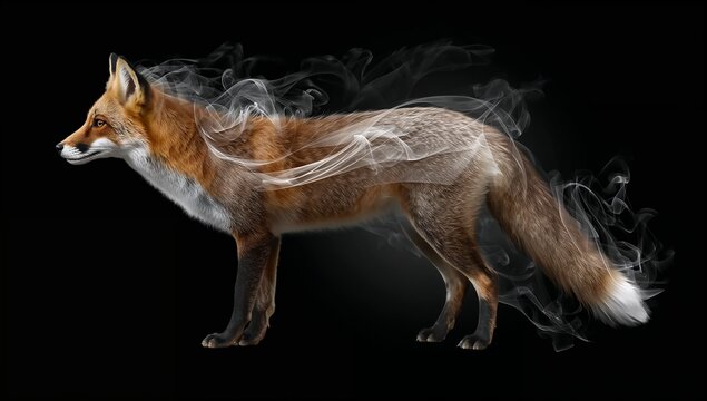 Mysterious fox emerging from smoke on black background - Powered by Adobe