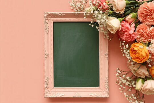 Elegant pink frame adorned with a lush arrangement of roses and babys breath