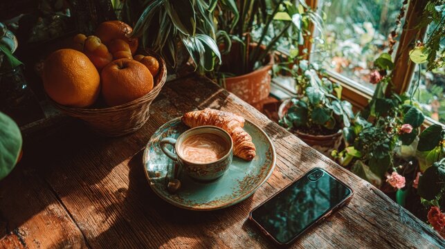 Wooden Table with Breakfast and Plants