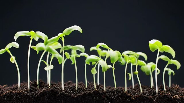 Hyper-accelerated time-lapse video shows vibrant green basil or oak saplings emerging from moist soil against a seamless charcoal background, with a subtle push-in, shallow depth of field, and soft