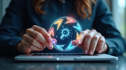 Hands Typing Beneath Holographic Lightbulb and Gear Icons for Planning