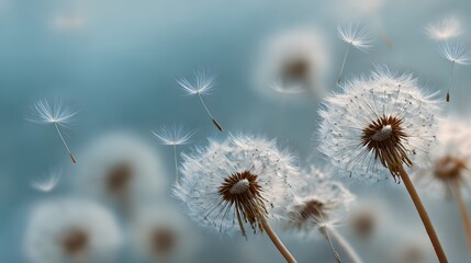Obraz premium Fluffy white dandelion seed heads disperse their delicate parachutes across a soft blue background
