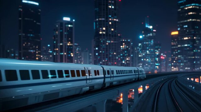Modern high-speed train on elevated tracks in futuristic city at night, urban development and advanced transport footage. - Powered by Adobe