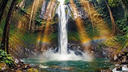 Majestic waterfall cascading into serene forest pool with rainbow - Powered by Adobe