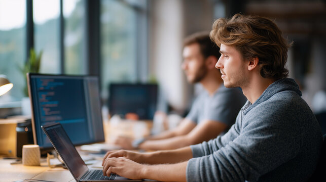 Developers testing apps in a stylish office setting, tech innovation in team collaboration, coding culture in modern workspaces, software solutions in app testing, coding environme