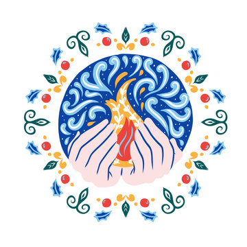 Christmas Candle Mandala with Hands Holding a Flame