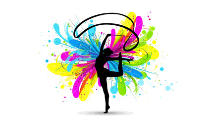 Fototapeta premium Dynamic rhythmic gymnastics performance with vibrant splash of colorful abstract design