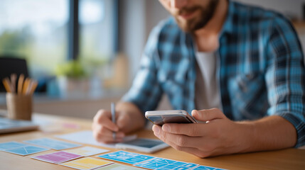 UX designer planning a mobile app interface, tech innovation in user experience, coding culture in design process, software solutions in app prototyping, UI design , World Coding D