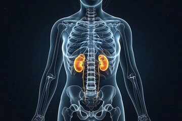 Human anatomy illustration of kidneys within a transparent body silhouette