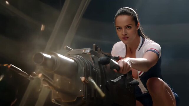 A confident young woman sits in the semi-darkness and shoots with a machine gun. 
Love and war are two manifestations of the same force: passion.