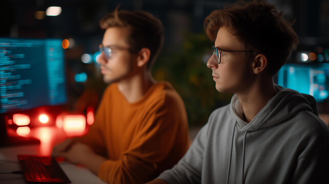 Two coders analyzing data under neon lights, tech innovation in night coding, coding culture in focused work, software solutions in data analysis, tech environments , World Coding