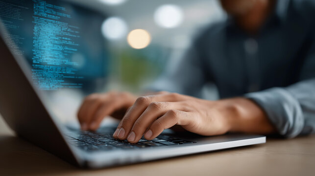 Data science engineer managing data with AI on a laptop, tech innovation in data processing, coding culture in computer science, software solutions in data control, AI analytics ,