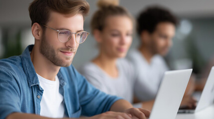 Obraz premium Developers working on cloud infrastructure with laptops, tech innovation in cloud tech, coding culture in native development, software solutions in cloud apps, cloud computing , Wo