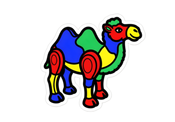 Playful Colorful Camel Sticker with Black Outlines: Cartoon Style Desert Animal in Vibrant Primary Colors Illustration