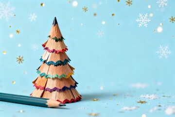 Christmas tree made of colorful pencil shavings from sharpener on pastel blue background, pencil and metal sharpener nearby, soft festive light, gold glitter and snowflakes, 2/3 space empty for text