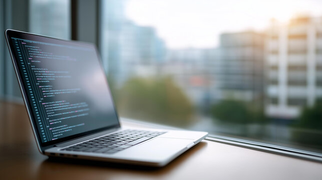 Laptop screen with coding lines in an office, tech innovation in web development, coding culture in software engineering, software solutions in cybersecurity, tech workspaces , Wor