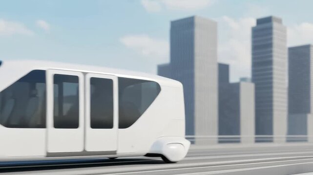 Futuristic white autonomous urban transport pod moves along a highway in a modern cityscape animation