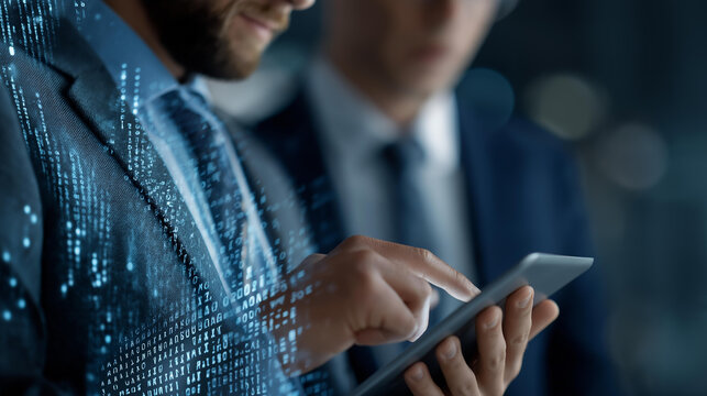 Businessmen overlaid with computer code lines, tech innovation in business tech, coding culture in corporate coding, software solutions in data integration, tech overlays , World C