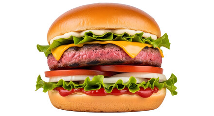 Classic Burger Stack with Beef Patty and Fresh Vegetables: Delicious Cheeseburger Isolated on Transparent Background