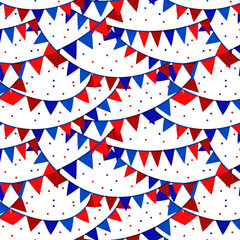 Obraz premium Garlands of multi-colored flags and confetti on a white background.Vector seamless pattern with garlands of multicolored flags and confetti on a white background.