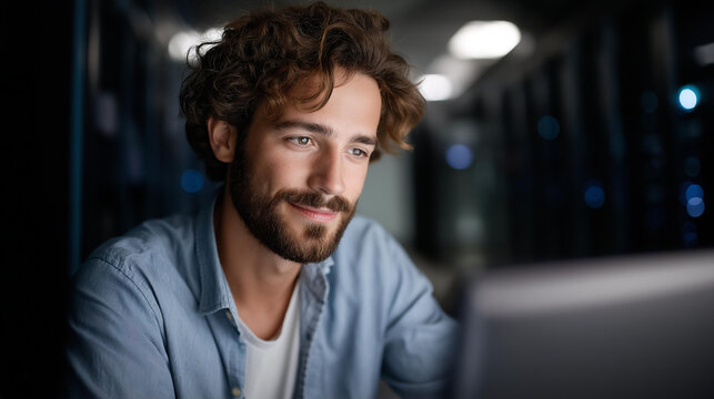 Engineer coding in a server room, tech innovation in IT support, coding culture in database tech, software solutions in telecommunications, IT security , World Coding Day