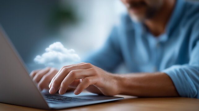Young man engaging with cloud graphics on a laptop, tech innovation in cloud tech, coding culture in modern workspaces, software solutions in cloud integration, tech use , World Co