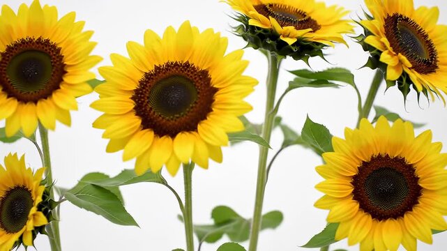 Beautiful sunflowers in full bloom against a bright white background, natures beauty.