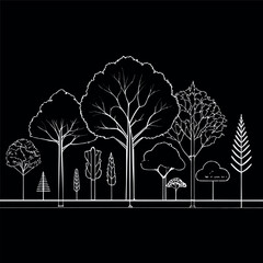 Architectural Drawings, Minimal style cad tree line drawing, Side view, set of section wetland forest outline for landscape design drawing. Vector illustration in seperate element