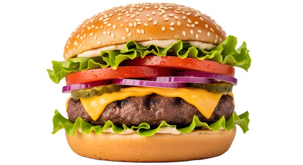 Mouthwatering Gourmet Burger with Sesame Seed Bun: Loaded with Fresh Veggies, Cheese, and Tasty Beef Patty Isolate
