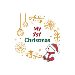 My First Christmas Baby Greeting Card with Teddy Bear and Festive Holiday Decorations on White Background