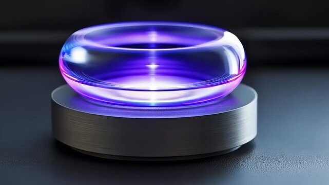 Mysterious illuminated crystal toroid resting atop a metallic platform emitting soft purple radiance