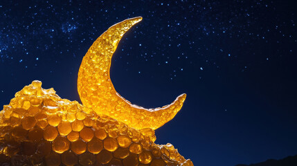 Honeycomb crescent moon against a starry night sky. A beautiful and unique image of a honeycomb moon with a starry night background.
