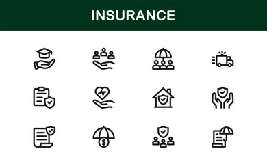 Professional Insurance Icons with Minimal Line Art Highlighting Policy, Coverage, Claims, and Risk Symbols