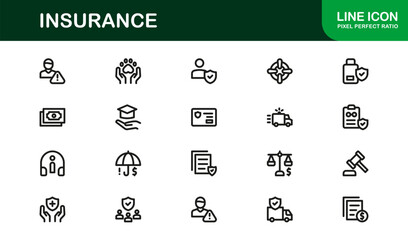 Professional Insurance Icons with Minimal Line Art Highlighting Policy, Coverage, Claims, and Risk Symbols