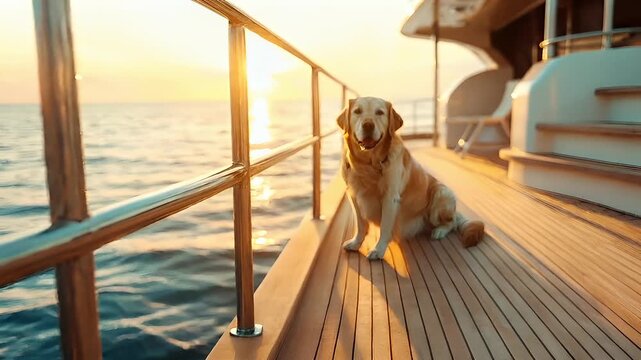 A golden retriever dog sits on a wooden deck of a yacht during sunset. The yachts deck is illuminated by the golden light of the setting sun.