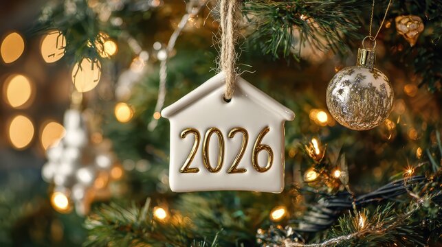 White house shaped ornament with golden 2026 hanging on a festive christmas tree, symbolizing new year holiday, home ownership, real estate investment, and future goals