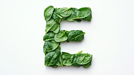 Letter E made of fresh spinach leaves on a white background. the letter E artfully constructed from vibrant green spinach, perfect for various concepts.