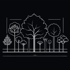Architectural Drawings, Minimal style cad tree line drawing, Side view, set of section wetland forest outline for landscape design drawing. Vector illustration in seperate element