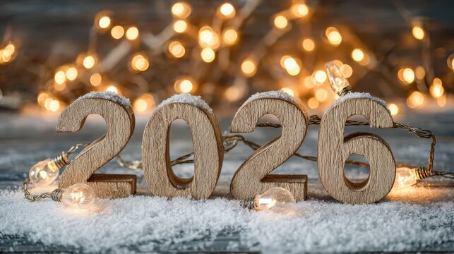 Wooden 2026 figures dusted with snow and wrapped in glowing string lights on a textured rustic surface, warm bokeh background evoking cozy winter holiday celebration